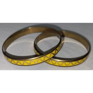2 Yellow Enamel Brass Bangle Bracelets Boho Zigzag Retro Vintage